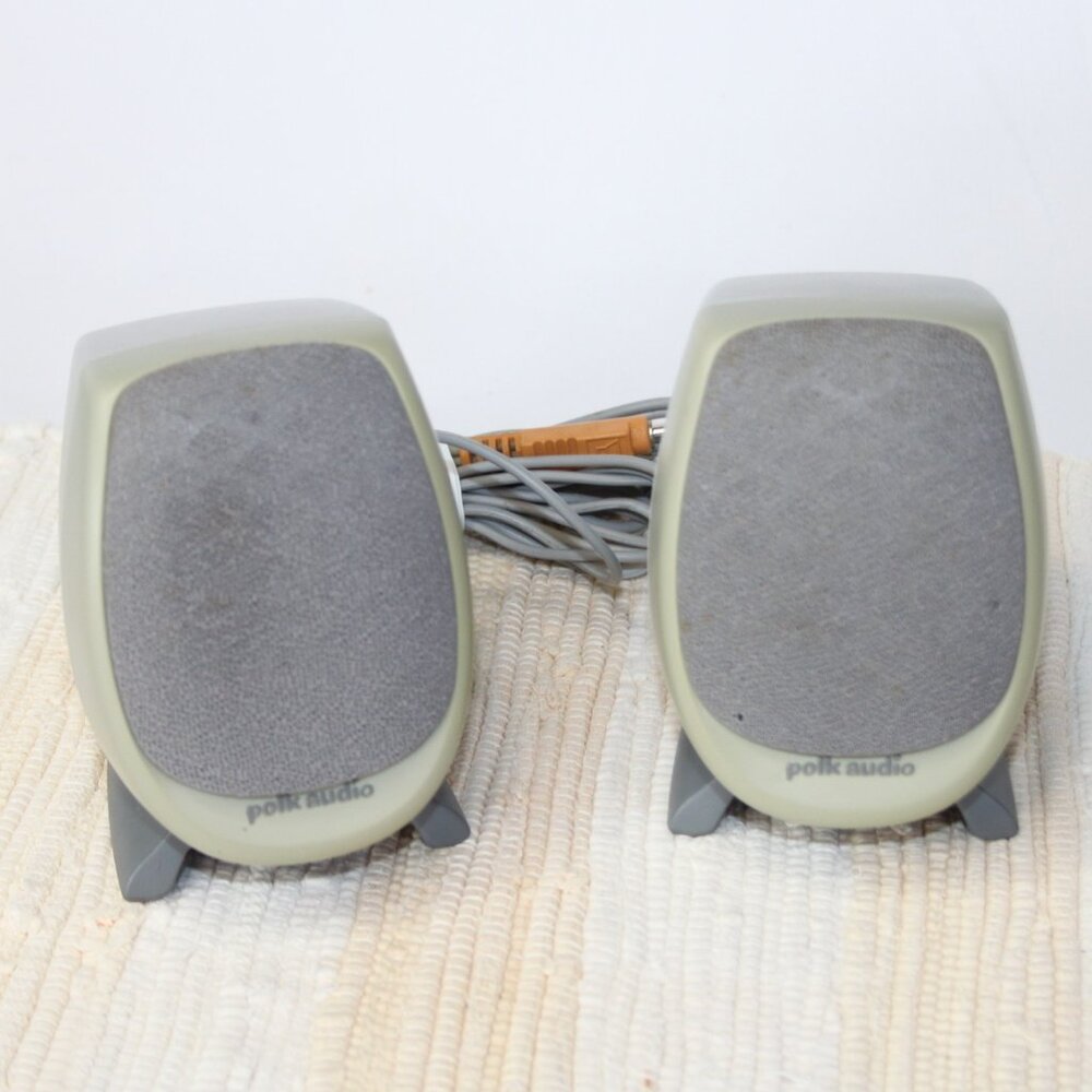 VTG POLK AUDIO MINI SPEAKER SET PC COMPUTER WIRED LEFT RIGHT GRAY DESKTOP HIPS